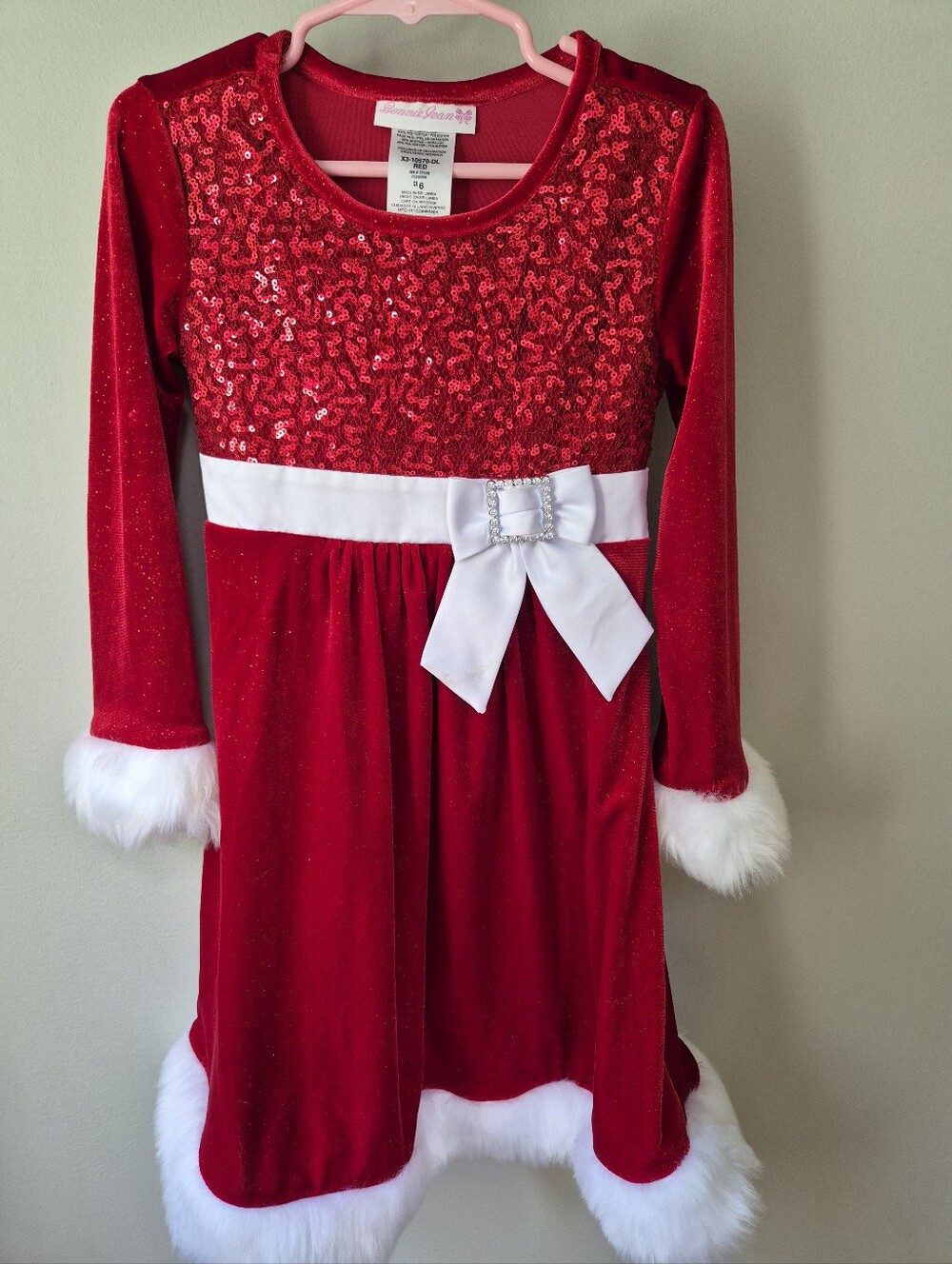 Bonnie Jean Girls Red Velvet Sequin Santa Holiday Dress Size 6 EUC